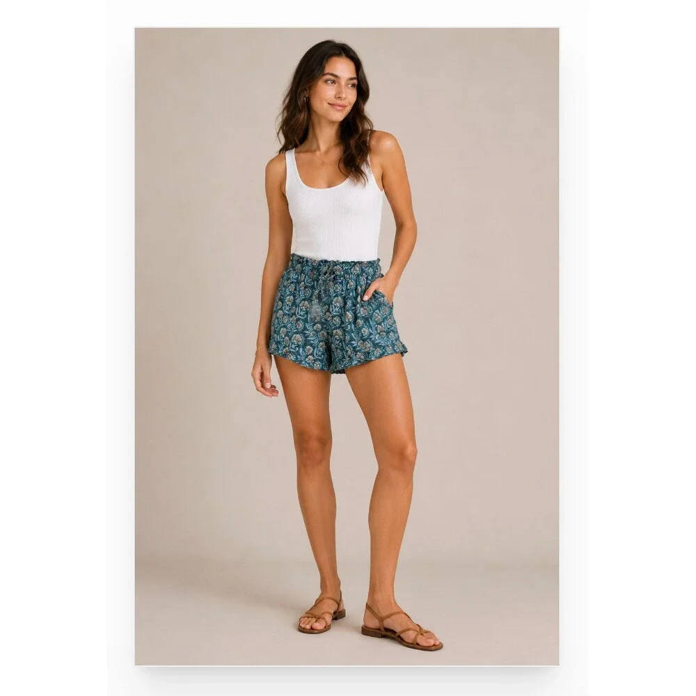 Omika Shorts Womens Medium Green Floral Paperbag Poplin Elastic Waist Casual